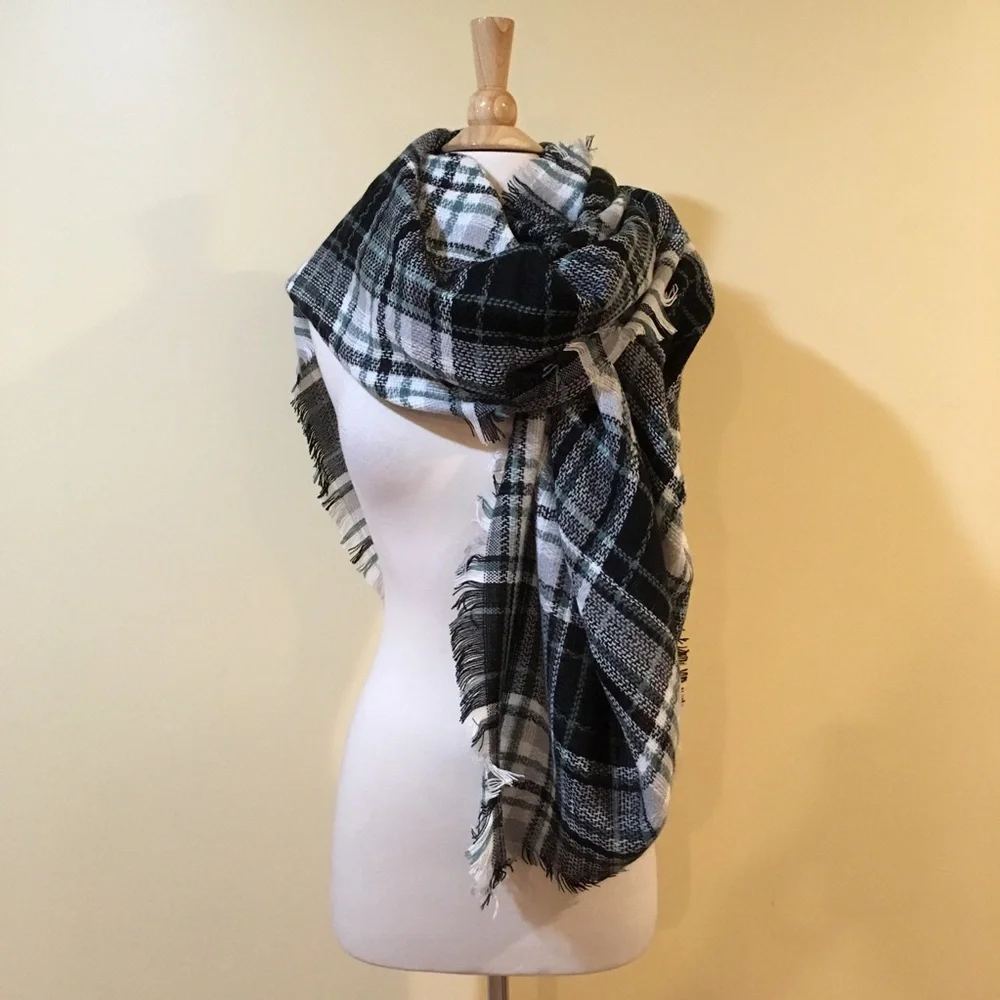 Black Grey and Green Ultra Plush Plaid Blanket Scarf - Picture 2 of 6